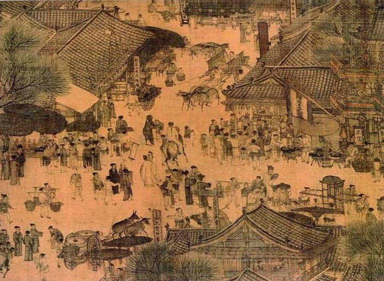 Straßenszene während des Quingming-Fests (Detail der Quingming-Rolle, 12. Jh.)