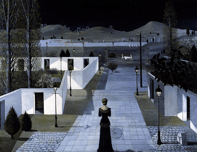 Paul Delvaux - Landschaft mit Laternen - Ölbild 1956 - Glarean Magazin Paul Delvaux - Landschaft mit Laternen - Ölbild 1956 - Glarean Magazin