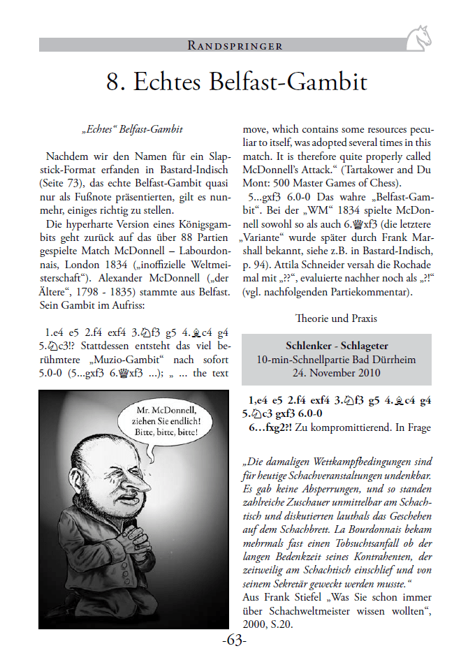 Amüsantes Schach-Feuilleton und Motivation zum Eröffnungsexperiment: Beispielseite aus dem neuen Revival 2019 des legendären "Randspringer" (mit Karikaturen von Frank Steifel) Amüsantes Schach-Feuilleton und Motivation zum Eröffnungsexperiment: Beispielseite aus dem neuen Revival 2019 des legendären "Randspringer" (mit Karikaturen von Frank Steifel)