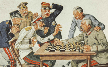 Schach-Karikatur von Theo Zasche - Generalfeldmarschall Hindenburg bietet den Feinden Deutschlands Schach