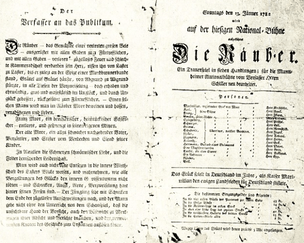 Theater-Zettel der Uraufführung 1782 mit einem Vorwort des "Verfassers an das Publikum" Theater-Zettel der Uraufführung 1782 mit einem Vorwort des "Verfassers an das Publikum"