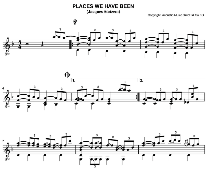 Anfangstakte des Titelstücks der CD "Places we have been" des Gitarristen und Komponisten Jacques Stotzem
