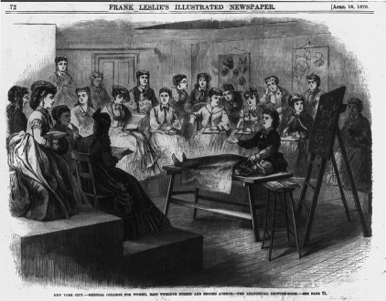 New Yorker Zeitungs-Illustration 1870 - Frauenärztin Elisabeth Blackwell bei einer Anatomie-Lektion - Glarean Magazin