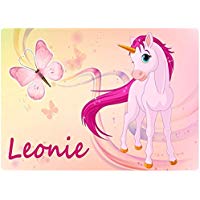 glänzende Unterlage Kunststoff - EINHORN - personalisiert mit Name - ca. 40 cm x 29 cm - Tischunterlage / Mal & Knet & Ess & Schreibunterlage Platzset u.vm. - abwaschbar, abwischbar