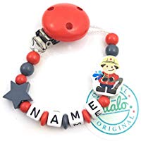 Baby Schnullerkette mit Namen, Feuerwehr, Stern, Rot, Handmade Namenskette/Schnullerhalter zur Geburt, Geburtstag, Taufe für Junge und Mädchen