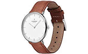 Nordgreen Native Skandinavische Klassische Uhr Unisex in Silber Analog Quarzwerk 36mm (M) mit Lederarmband in Braun 10032