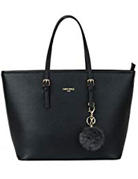 LI&HI Damen Handtasche Shopper Handtasche Schwarz Elegant Schwarze Tasche Damen Groß Schule Handtasche mit Kaninchen Pelz Kugel Plüsch Schlüsselring (Verbesserte Version) - 34/29/15.5 CM