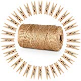 Garten Kordel mit 100 Wäscheklammern Holz 3,5cm Absofine Bastelschnur Jute Kordel 100M Natur Juteschnur Clothespins Verpackung Gastgeschenk