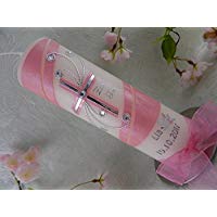 Taufkerze Kreuz silber rosa glitzer handmade modern Taufkerzen für Mädchen 250/70 mm personalisiert