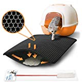 Focuspet Katzenklo Matte, Katzenstreu Matte 60 x 45cm Katzenklo Unterleger Waben Design Katzenklo Vorleger wasserdichte Doppelte Schichte Entwurf Bienenwabe Katzenstreu Matte mit Federn Spielzeug