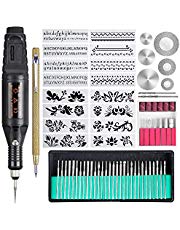 Uolor 70 Pcs Gravierwerkzeugsatz, Multifunktionaler Elektrischer Gravurstift DIY Drehwerkzeug für Schmuck Glas Holz Metall Kunststoff mit Anreißer, 52 Zubehör und 16 Schablonen