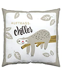 Happy Life 45174 Baumwoll-Kissen mit Spruch Auftrags-Chiller, Tier-Motiv, Faultier, Mehrfarbig, 40 cm x 40 cm