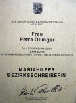 Die Ver­lei­hungs­ur­kun­des Stipendiums als 1. Mariahilfer Bezirksschreiberin 