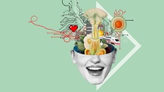 Bildcollage mit Frauenporträt und Dreiecken