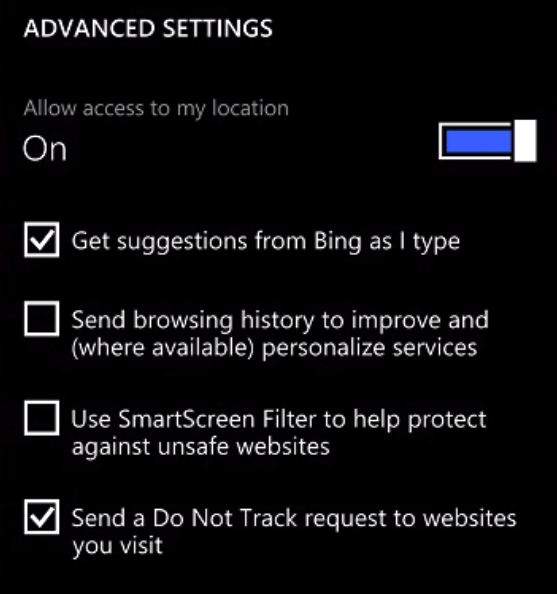 Do Not Track Windows Mobile IE 11