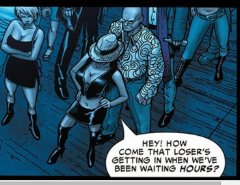 a human bystander/clubgoer in "Civil War", Marvel Comics 2006. Art by Steve McNiven.