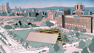 Illustration/Visualisierung der Open Air Bühne von raumlaborberlin. Sommerbau. Details/Formen der Außengestaltung ändern sich vorraussichtlich noch. (raumlaborberlin)