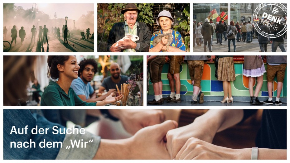 Bildcollage aus unterschiedlichen Bildern: Menschen bei Abendstimmung, altes Ehepaar in traditioneller Kleidung, Demonstranten mit Flaggen, junge Menschen am Tisch, Beine von Menschen in bayrischer Tracht und Hände, die sich halten