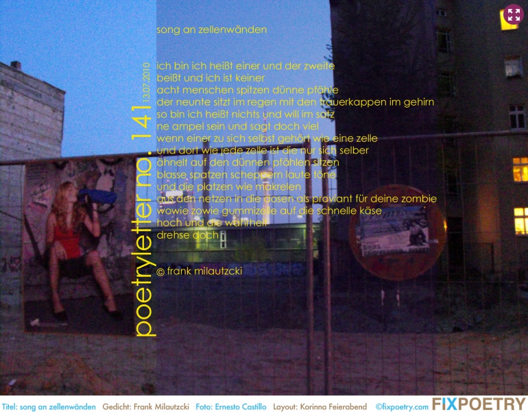 Poetryletter 141, Frank Milautzcki, Ernesto Castillo, Korinna Feierabend