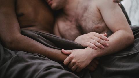 Zwei Männer liegen im Bett und halten Händchen. 