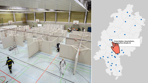 Eine Bildkombination aus einem Foto eines Aufbaus eines temporären Impfzentrums in einer Turnhalle und einer Karte, in welche die geplanten Impfzentren eingezeichnet sind.