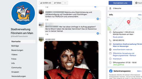 Screenshot des Facebook-Auftritts der Stadt Flörsheim. Ein Eintrag schreibt unter anderem "Das ist Rassismus pur in meiner Heimat."