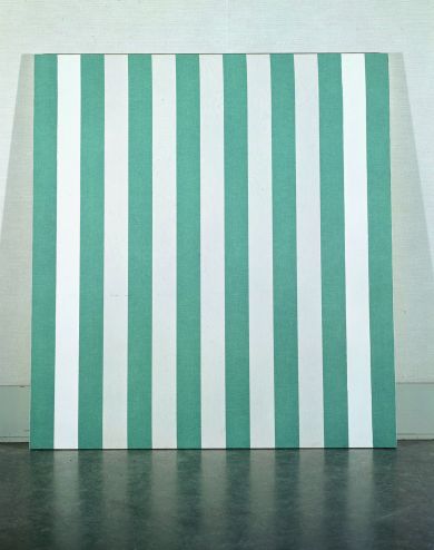 Buren Daniel Buren (*1938): Peinture sur toile. Tissu rayé de bandes blanches et vertes. Les deux bandes blanches extrêmes sont recouvertes de peinture blanche recto et verso, 1971, Acryl auf Leinwand, 143 x 132 x 3 cm, Collection Van Abbemuseum, Eindhoven Foto: Peter Cox, Eindhoven, © 2017 ProLitteris, Zurich