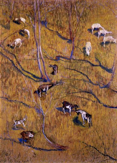 KMChur_GGiacometti Giovanni Giacometti: Sonniger Hang mit Ziegen und Schafen, 1900, Öl auf Leinwand, 115 x 80 cm, Bündner Kunstmuseum Chur, Ankauf, Foto: Stephan M. Schenk