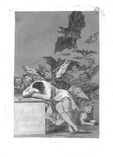 Goya Capricho 43 Francisco de Goya: El sueño de la razon produce monstruos, 1799, Capricho 43, Radierung mit Aquatinta