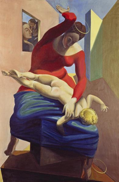 Max Ernst 2 Max Ernst: Die Jungfrau züchtigt das Jesuskind vor drei Zeugen: André Breton, Paul Éluard und dem Maler, 1926, Öl auf Leinwand, 196 × 130 cm, Museum Ludwig, Köln, © 2013, ProLitteris, Zürich (Foto: Peter Willi/ Artothek)