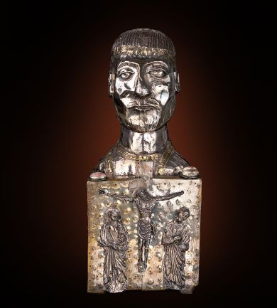 Reliquiar Büstenreliquiar des Heiligen Petrus. Wohl Werkstatt der Abtei St. Maurice VS, Mitte 12. Jh. Quartz, Holz. Gottfried Keller-Stiftung / Musée d’histoire du Valais, Sion