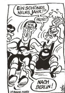 Französischer Spott über den deutschhörigen Sarkozy. Karikatur im &quot;Canard enchaîné&quot; vom Mittwochz. Sarkozy, rechts, mit Bierhumpen