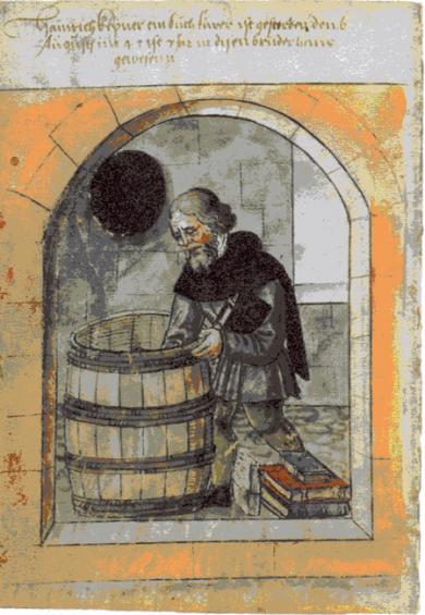 Buchführer Ein Buchführer, der fahrende Vorgänger des Buchhändlers, vor seinem noch leeren Bücherfass. Kolorierte Federzeichnung aus dem Hausbuch der Landauer´schen Zwölfbrüderstiftung, 1543, © Staatsbibliothek Nürnberg, Abb. aus dem besprochenen Band
