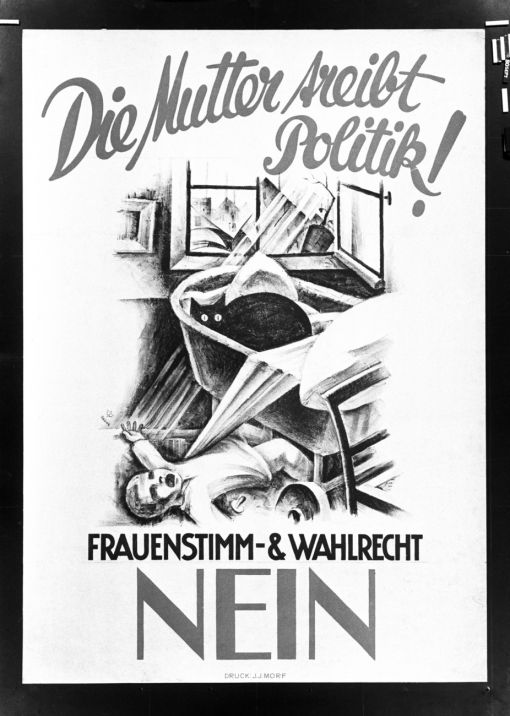 Plakat, Basel, 15. Mai 1927 Katze in der Krippe, Baby schreiend auf dem Boden: Abstimmungsplakat mit der Nein-Parole zur Einführung des Frauenstimmrechts gestaltet von Ernst Keiser. Dieses Plakat wurde für die Abstimmung im Kanton Basel-Stadt vom 15. Mai 1927 geschaffen. (Foto: Keystone/Photopress-Archiv/Str)