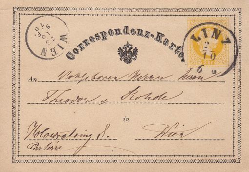 Die erste Postkarte Der österreichische Nationalökonom Emanuel Herrmann gibt erstmals eine Postkarte mit aufgedrucktem Postwertzeichen bei der österreichisch-ungarischen Post auf. Das war die Geburtsstunde der Postkarte. Die Rückseite der 8,5 cm × 12,2 cm grossen Karte konnte für alle einsehbar beschriftet werden. Hermann nannte seine Erfindung „Postkarte“, doch die Postverwaltung in Wien änderte den Namen in „Correspondenzkarte“. Ein Brief kostete 5 Kreuzer, eine Postkarte nur 2 Kreuzer. Bereits im ersten Monat verkaufte sie sich 1,4 Millionen Mal. Im Bild: die erste Postkarte. (Foto: PD)
