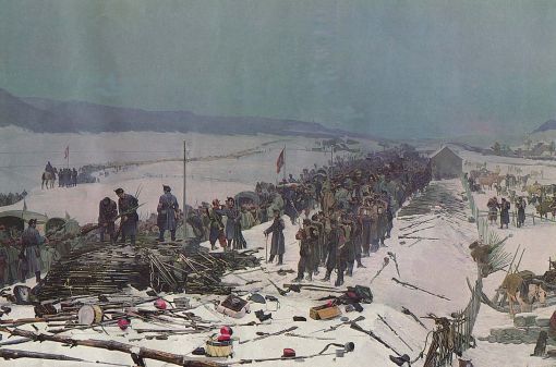 Bourbaki 1. Februar 1871: 87’000 französische Soldaten der Bourbaki-Armee („L’Armée de l’Est) suchen Zuflucht in der Schweiz und überqueren die Schweizergrenze im Neuenburger und Waadtländer Jura. Sie werden entwaffnet, interniert und sechs Wochen lang medizinisch versorgt und ernährt. (Bild: Ausschnitt aus dem Bourbaki-Panorama in Luzern (PD)