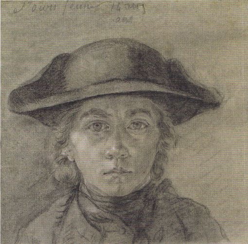Saint-Ours Selbstporträt Portrait de l’artiste au chapeau, 1766. Es ist das zweite Selbstbildnis des Künstlers, hier 14jährig. 20,9 x 21,2 cm. Privatbesitz