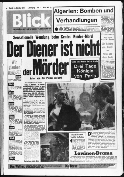 Blick Die Titelseite der ersten Ausgabe des Blicks vom 14. Oktober 1959. (Foto: Keystone/Str)