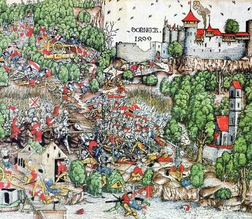 Schlacht bei Dornach Schwabenkrieg/Schweizerkrieg. Die Eidgenossen besiegen in der Schlacht von Dornach den Schwäbischen Bund. 3000 schwäbische Kämpfer sterben. Es ist die letzte, entscheidende Schlacht im Schwabenkrieg. (Anonymer, kolorierter Holzschnitt von etwa 1499.)
