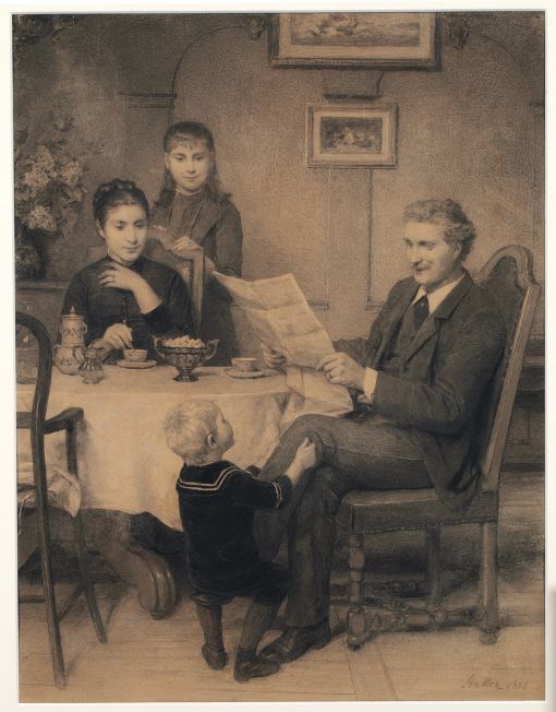 Glückliche Familie. 1888, Kohle auf Papier, 64,5 x 51 cm, Kunstmuseum Bern, Schenkung Stiftung Gemäldesammlung Emil Bretschger.