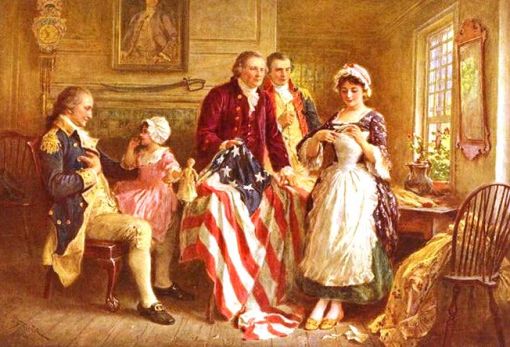 Betsy Ross 1752: Geburt von Betsy Ross, amerikanische Näherin. Sie soll der Legende nach die erste Flagge der USA mit je 13 Sternen und Streifen (für die 13 Kolonien) genäht haben. Auf dem Bild von Jean Leon Gerome zeigt Betsy Ross Major Ross und Robert Morris, wie sie die Sterne für ihre Flagge ausschneidet. Links im Stuhl sitzt George Washington. (Foto: Library of Congress, Washington)