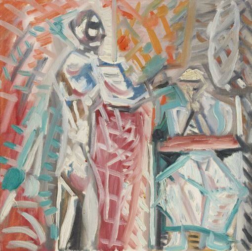 Max Gubler 13 Künstler und lesende Ehefrau, 1959, Unterengstringen Öl auf Leinwand, 46 x 46 cm, © Eduard, Ernst und Max Gubler- Stiftung, Zürich