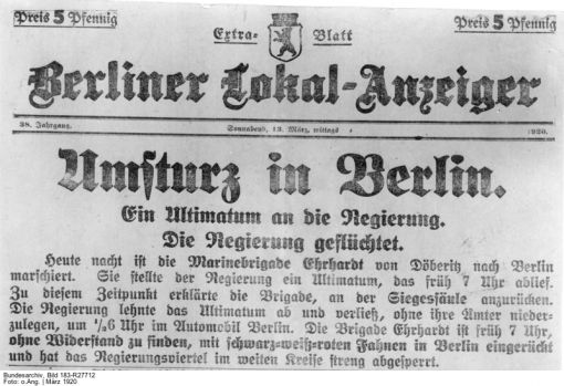 Der Umsturz dauerte gerade 100 Stunden. Extrablatt des „Berliner Lokal-Anzeigers“ vom Mittag, 13. März 1920 (Bild: Deutsches Bundesarchiv, Bild 183-R27712)

