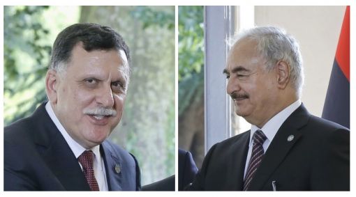 Präsident Sarraj (links), General Haftar (Foto: Keystone/AP/Michel Euler/bearbeitet J21)