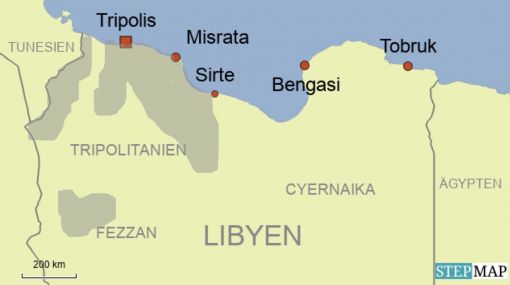 Die grau eingezeichneten Gebiete befinden sich unter der Dominanz der international anerkannten Regierung von Präsident Sarraj. Der Rest wird von General Haftar kontrolliert. Karte: Journal21.ch/stepmap.de