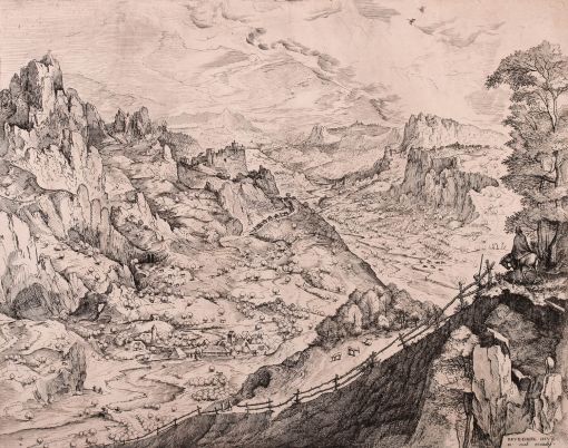Bruegel d. Ä., Alpenlandschaft Pieter Bruegel d. Ä., 1526/1530–1569: Die grosse Alpenlandschaft, um 1555/1556, Radierung und Kupferstich, 36,5 × 46,5 cm, Privatbesitz, Photo: Reto Pedrini, Zürich
