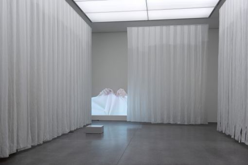 Cajacob: Wachsvorhang Evelina Cajacob: Wachsvorhang, 2000-2020, und StoffTraum, 2015 (hinten). Videoinstallation. Ausstellungsansicht