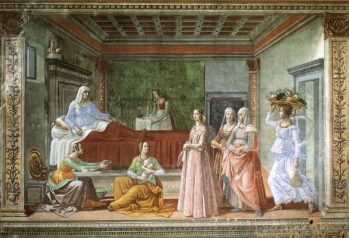 Domenico Ghirlandaio (1448–1494): Die Geburt Johannes des Täufers, Fresko in der Tornabuoni-Kapelle in der Kirche Santa Maria Novella, Florenz (Wikimedia)
