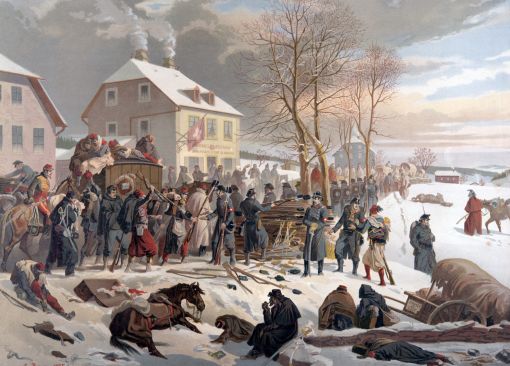 Bourbaki Grenzübertritt bei Les Verrières. Druckgrafik von 1875. (Bild: Schweizerisches Nationalmuseum)