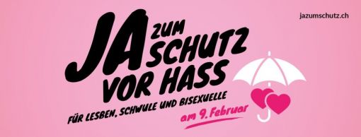 Ja zum Schutz Diskriminierung, Hetze und Verunglimpfung von Schwulen, Lesben, Bisexuellen und Transsexuellen können künftig auf rechtlichem Weg bekämpft werden. 63,1 Prozent der Schweizerinnen und Schweizer heissen eine entsprechende Vorlage gut. Artikel 261bis des Strafgesetzbuchs, der jede Form von Rassendiskriminierung unter Strafe stellt, wird ausgeweitet. So wird in Zukunft auch bestraft, wer öffentlich zu Hass oder Diskriminierung gegen Personen wegen ihrer sexuellen Orientierung aufruft. (Foto: jazumschutz.ch)